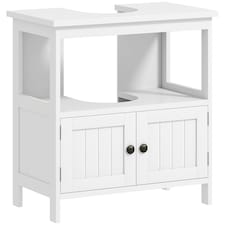 kleankin Bathroom Pedestal Under Sink Cabinet with Storage Shelves, Door, White White | White
