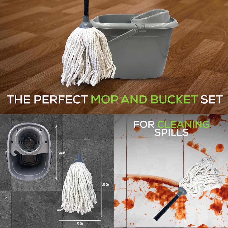 image 1 of Traditional Pure Cotton Mop and Bucket Set 12L Grey Floor Cleaner with Wringer
