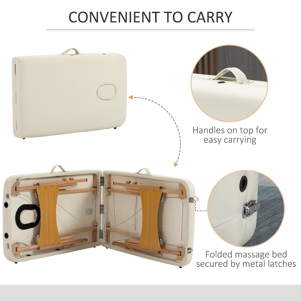 image 1 of HOMCOM Portable Massage Bed, Folding Spa Beauty Massage Table with 2 Sections, Carry Bag and Wooden Frame, Cream White