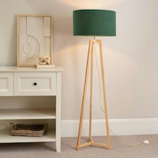 ValueLights Lottie Natural Wood Tripod Floor Lamp with Green Fabric Drum Shade and LED Bulb