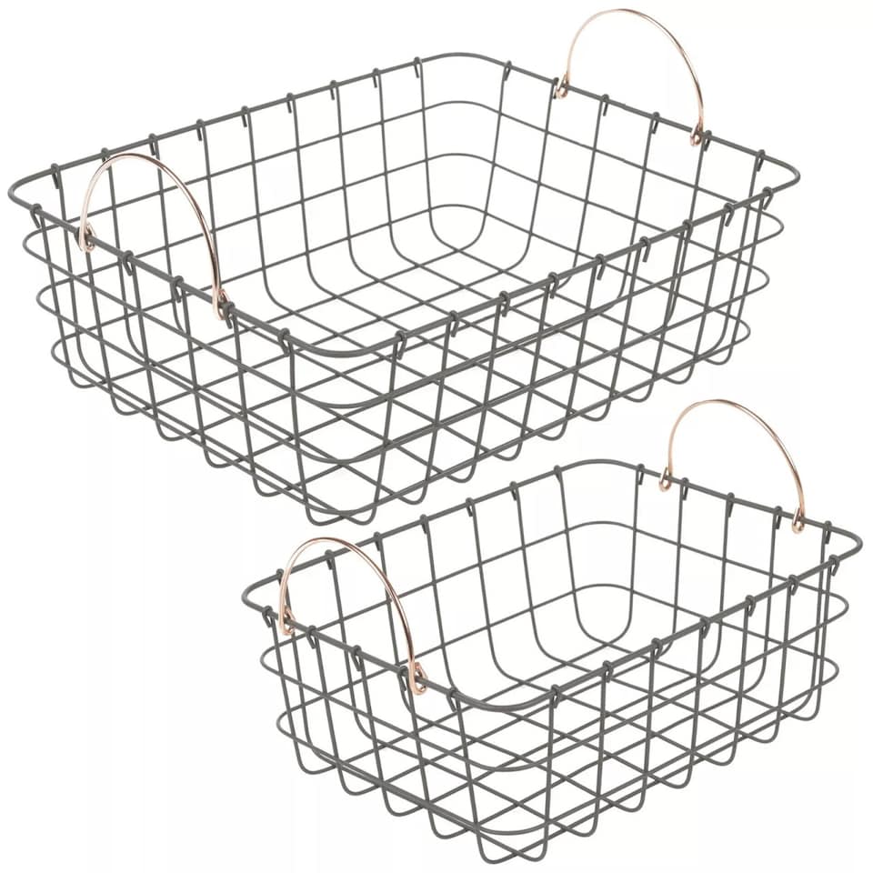 image 1 of 2-PC Rectangular Metal Wire Basket with Copper Handles