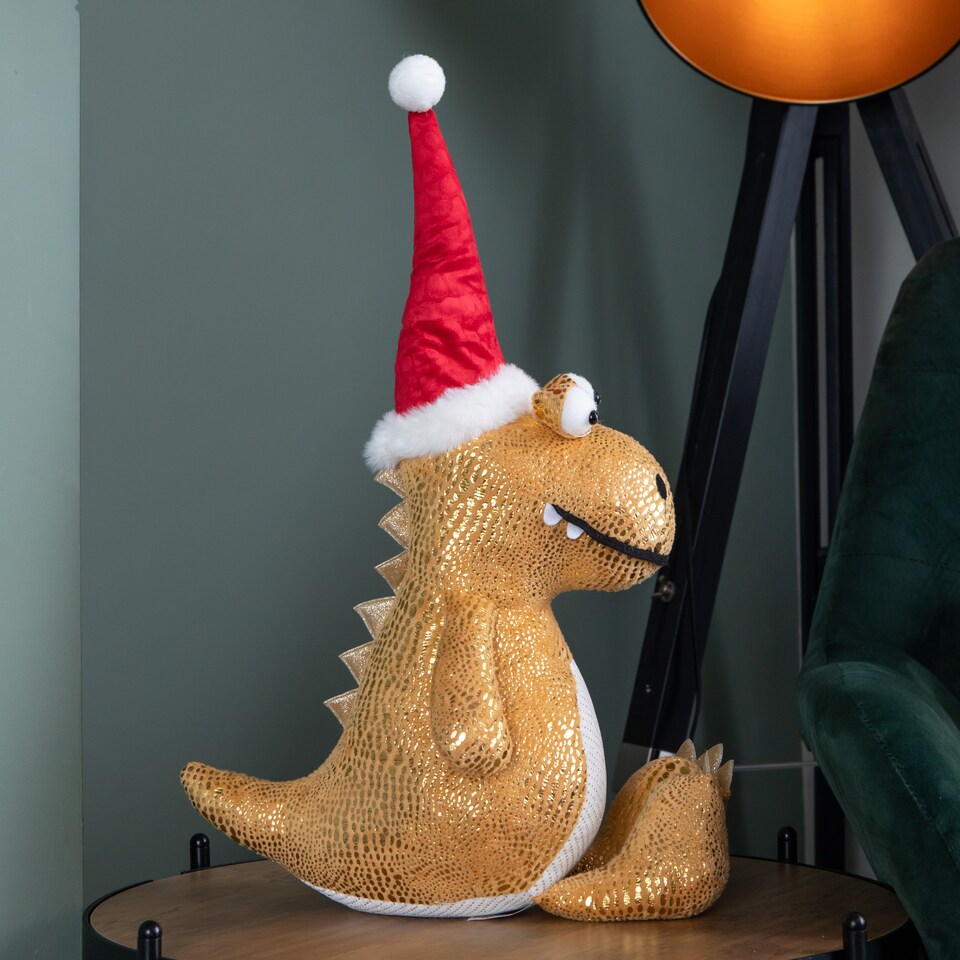 image 1 of 60cm Tall Gold Plush Zilla Dino Sitting Christmas Decoration with Santa Hat