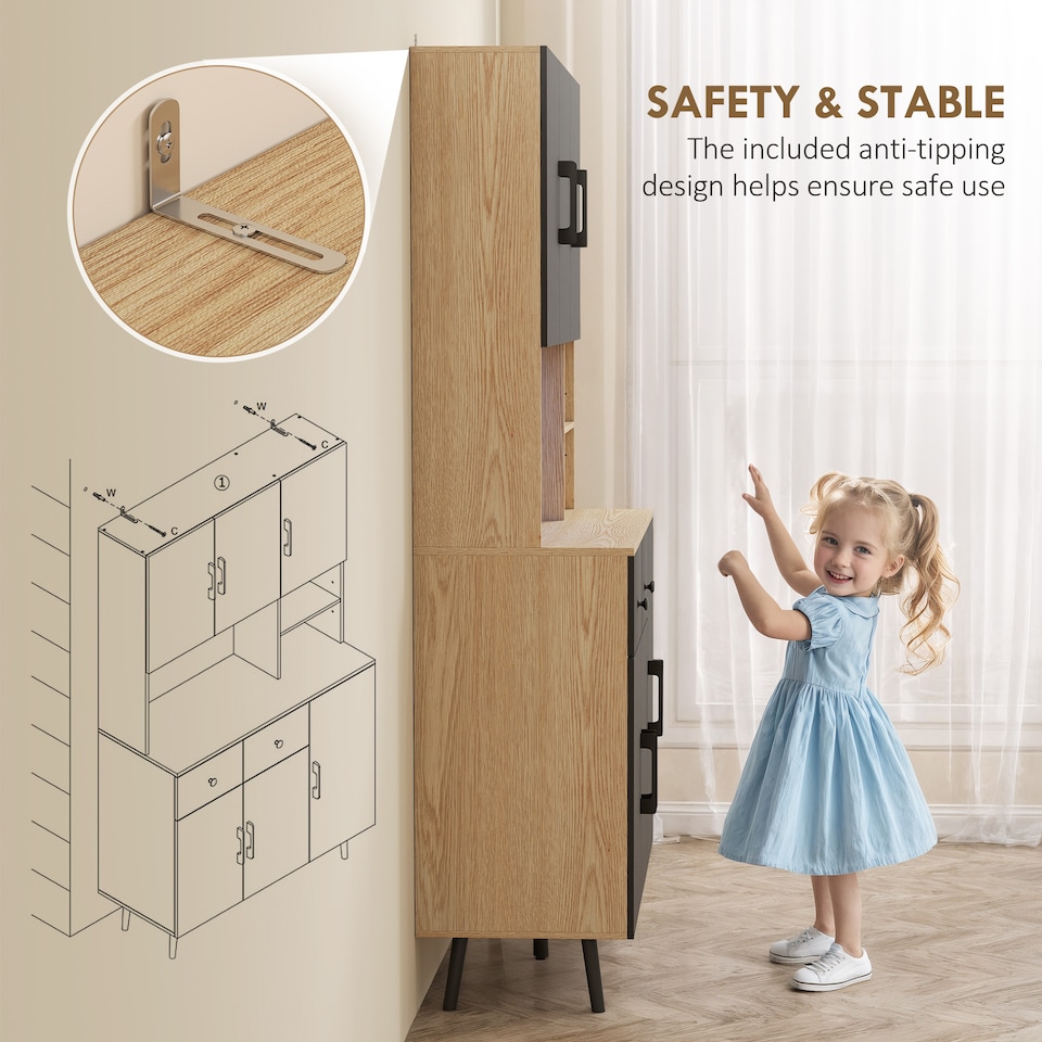 image 1 of HOMCOM Tall Kitchen Cupboard with LED Lights and Adjustable Shelves, Oak