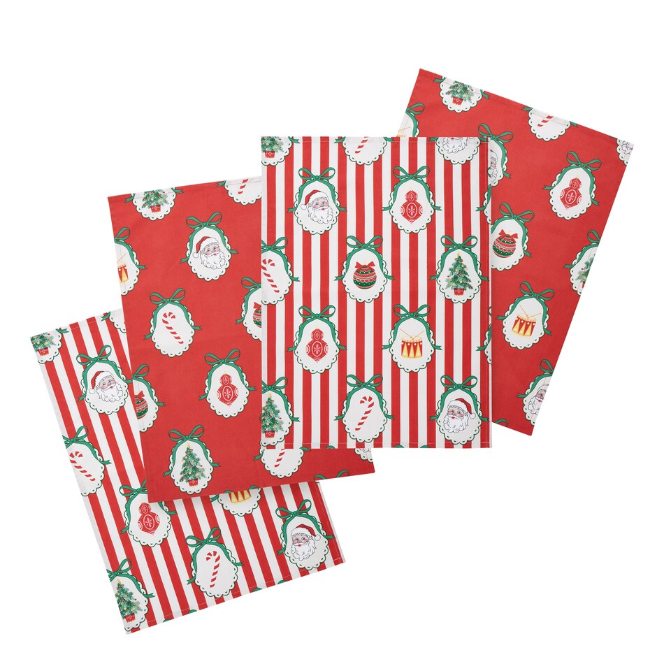 image 1 of Catherine Lansfield Christmas Vintage Stripe Cotton Kitchen Tea Towel Pack of 4