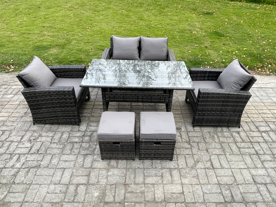image 1 of Fimous 6 Seater PE Wicker Outdoor Garden Furniture Set Patio Furniture Rattan Rectangular Dining Table Lounge Sofa with 2 Small Footstools