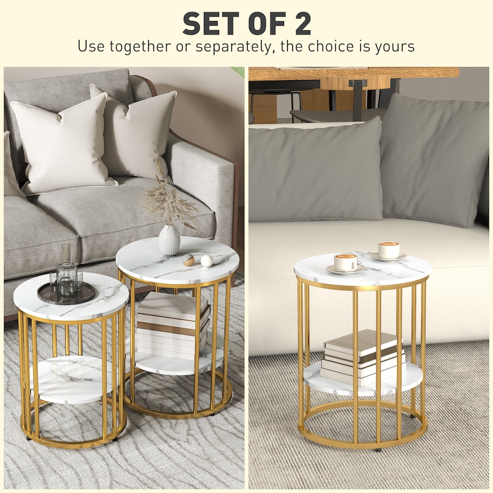 image 1 of HOMCOM Marble-Effect Round Coffee Table Set of 2 for Living Room, Gold Tone