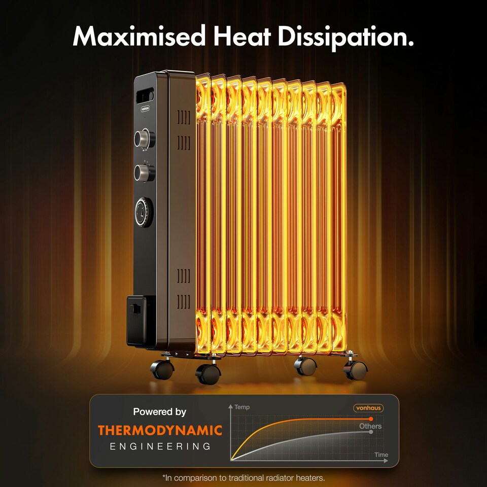 image 1 of VonHaus Oil Filled Radiator 11 Fin Portable Electric Heater Black