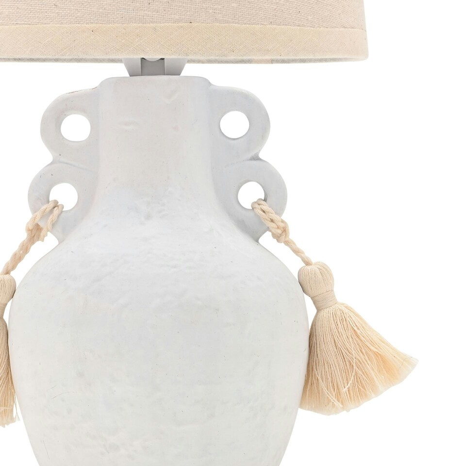 image 1 of Hestia Stone Finish Vase Lamp with Tassels White