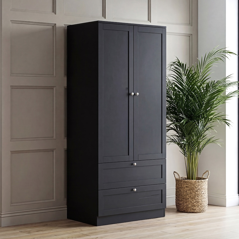 image 1 of Vida Designs Altino 3 Piece Bedroom Set (2 Drawer Bedside, 5 Drawer Chest, 2 Door 2 Drawer Wardrobe), Black