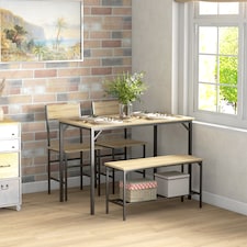 HOMCOM 4 Piece Dining Table and Chairs Set, Industrial Kitchen Table Set of 4 with 2 Chairs and Bench, Space Saving Table and Chairs with Shelf for Small Spaces, Natural Wood Effect