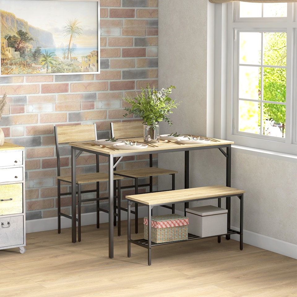 image 1 of HOMCOM 4 Piece Dining Table and Chairs Set, Industrial Kitchen Table Set of 4 with 2 Chairs and Bench, Space Saving Table and Chairs with Shelf for Small Spaces, Natural Wood Effect