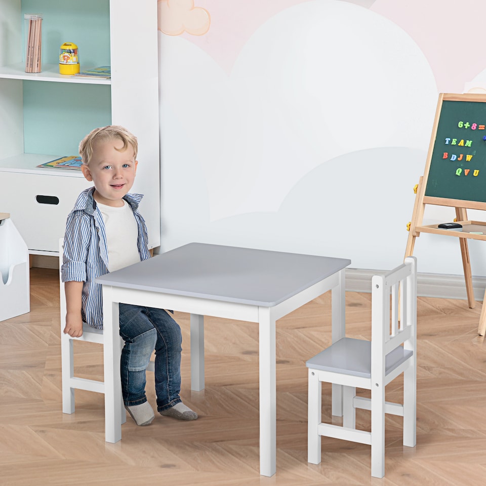 image 1 of HOMCOM Kids Table and 2 Chairs Set 3 Pieces Toddler Multi-usage Desk Indoor | Grey