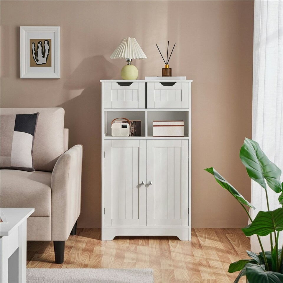 image 1 of Yaheetech Bathroom Floor Storage Cabinet with 2 Drawers White White
