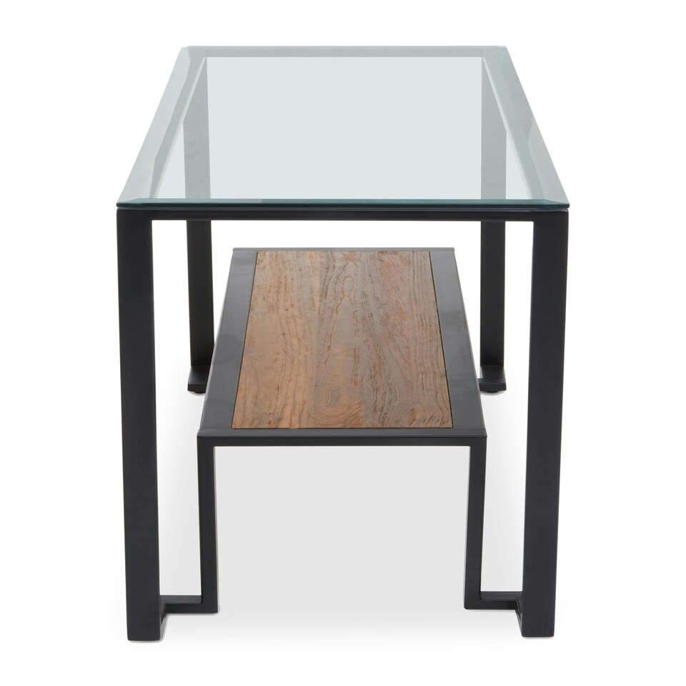 image 1 of Interiors by Premier Roman Console Table, Rectangular Tempered Glass Top on Black Metal Frame, Teak‑Wood Lower Shelf Console Black