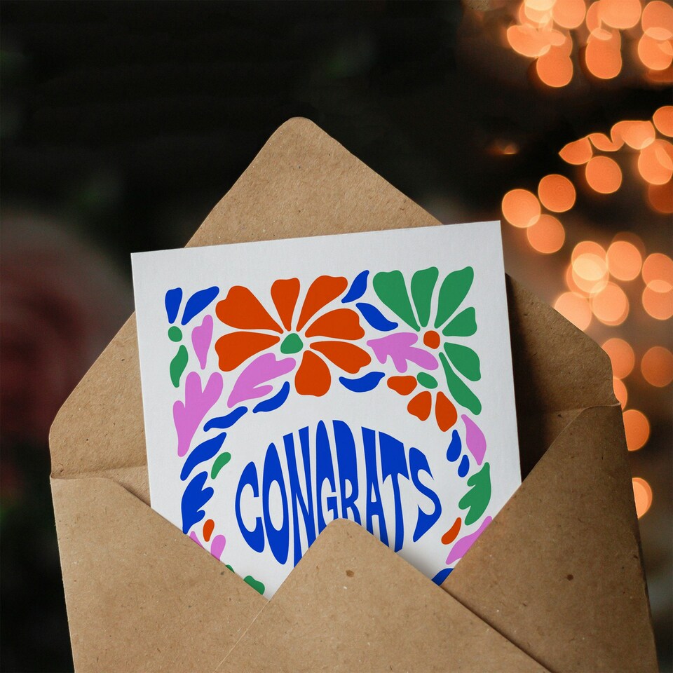 image 1 of Congratulations Card Congrats Groovy Flower Border Retro Floral Design