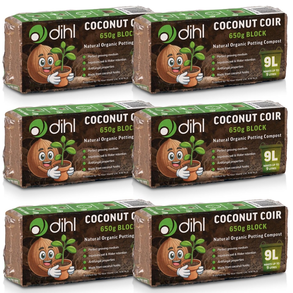 image 1 of Dihl 6x 650g Organic Coconut Coco Coir Fibre Compost Block Bricks, 100% Natural Compressed Peat-Free Garden Growing Medium, Seedling Potting Beeding Soil, pH Balanced - 3.9 KG 54L