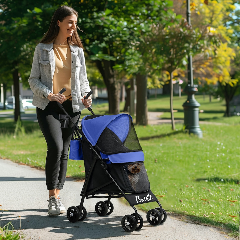 image 1 of PawHut Lightweight Foldable Dog Stroller for Mini Dogs, Dark Blue Blue
