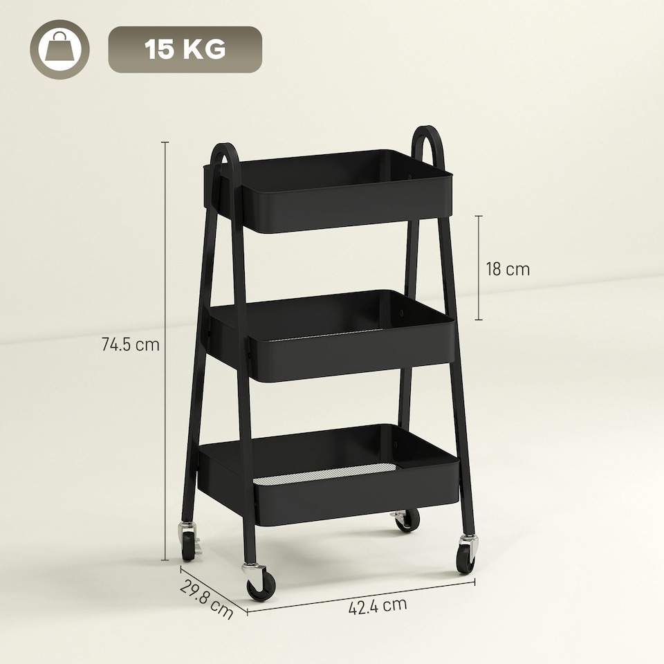 image 1 of HOMCOM 3-Tier Rolling Utility Cart Kitchen Storage Trolley on Wheels Black