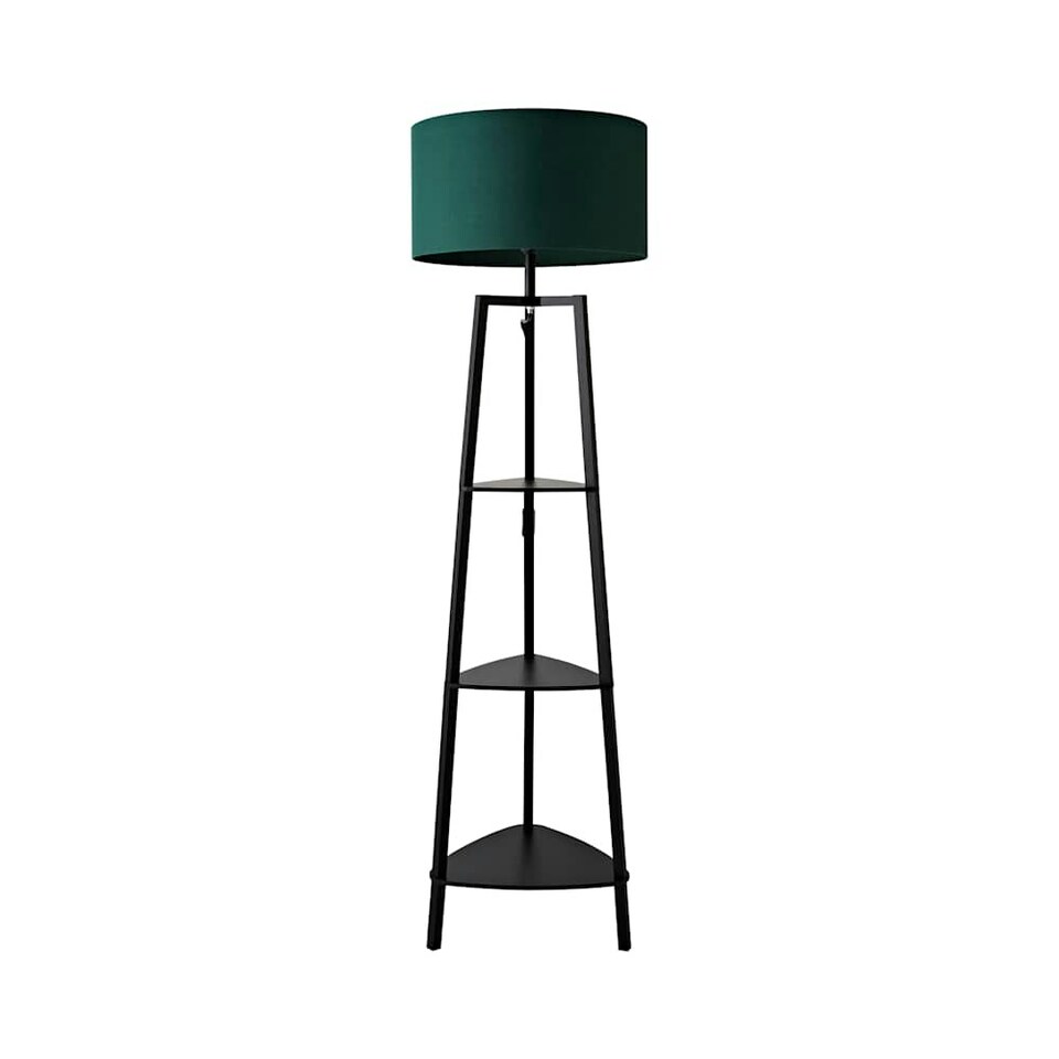 image 1 of ValueLights Hiru Black 3 Tier Shelf Floor Lamp with Green Shade Green