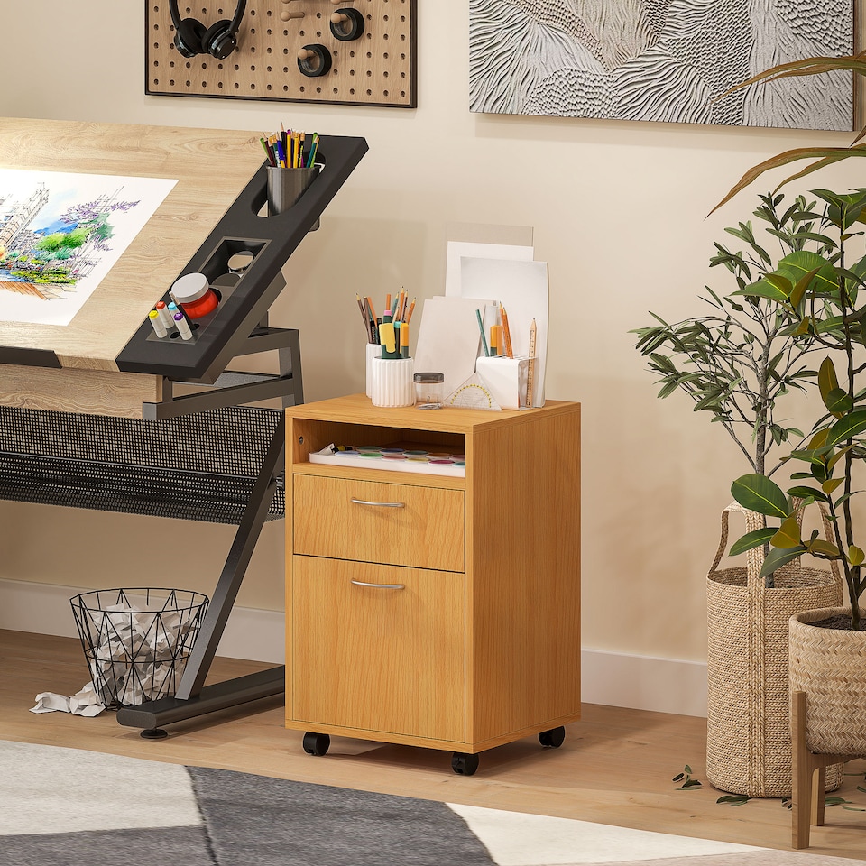 image 1 of HOMCOM 60cm Filing Cabinet with Drawer, Open Shelf, Metal Handles and 4 Wheels, Office Home Organiser Mobile Printer, Natural Wood Finish