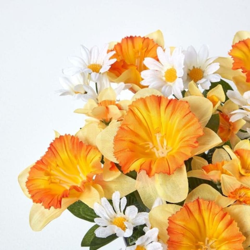image 1 of Homescapes Set of 2 Yellow & Orange Narcissus & Daisy Artificial Flowers in Grave Vases