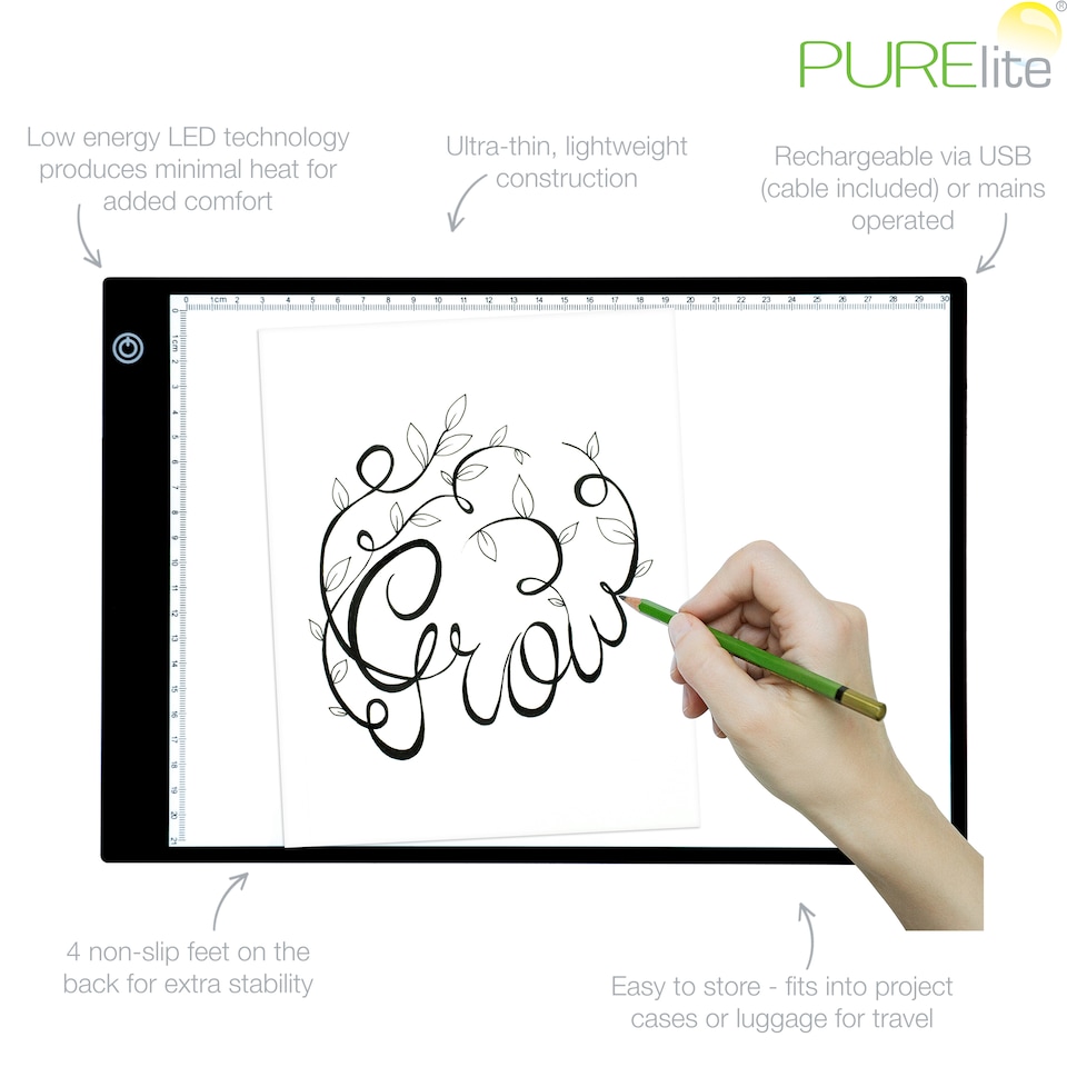 image 1 of PURElite LED Ultra-Thin Light Box - A4 Pad for Tracing & Crafts, 3 Brightness Settings, Mains & USB Operated