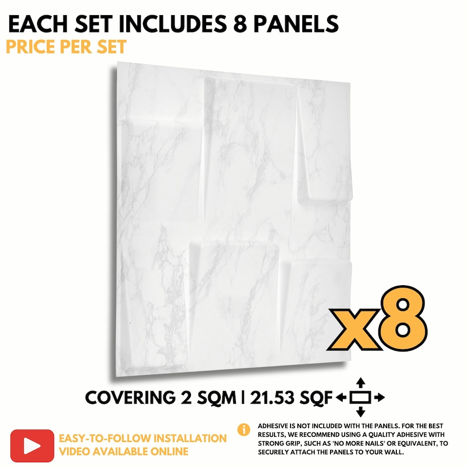 image 1 of NOVECRAFTO 3D Geometric Wall Panels – Matt White Squares Design – 6 PVC Sheets – 1.5m² (16.15sqft) – Interior Cladding Wall Tile Effect | White