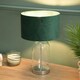 image 2 of ValueLights Jessy Glass and Silver Chrome Metal Bedside Table Lamp with a Forest Green Velvet Lampshade - Bulb Included