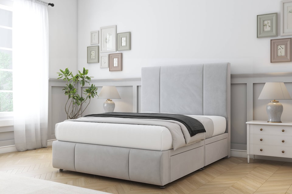 image 1 of Sloomy Lisbon Silver Plush Divan Bed Base No Drawers With 26 Inch Strutted Headboard & 12 Inch Matching Footboard | Silver | Silver | Super King | 1
