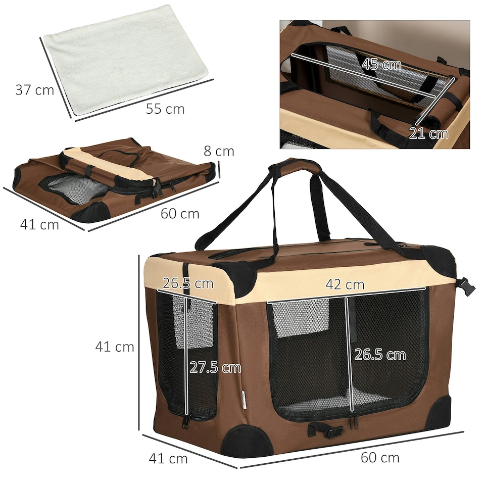 image 1 of PawHut 60cm Foldable Pet Carrier Bag Soft Travel Dog Crate for Mini Dogs Brown