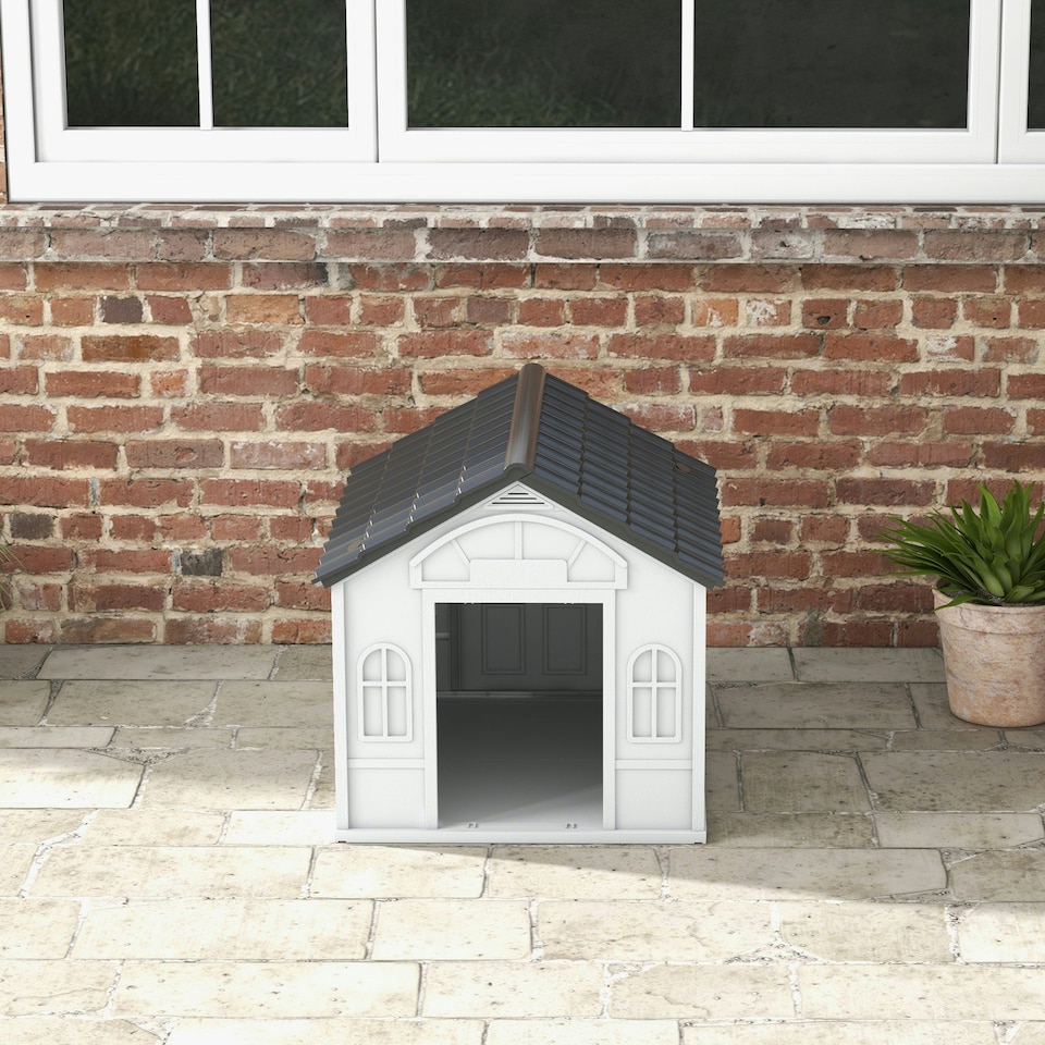 image 1 of PawHut Weather-Resistant Dog House, Puppy Shelter for Medium Dogs - Grey