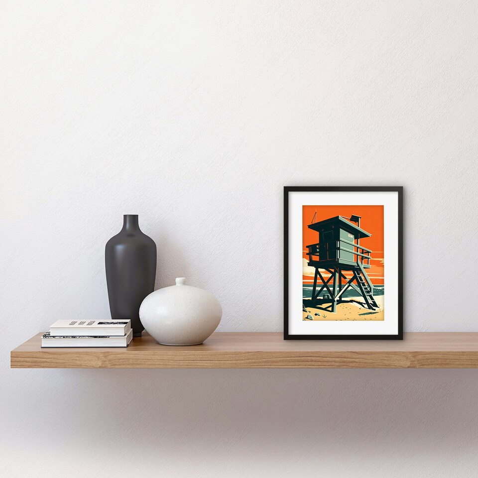 image 1 of Lifeguard Tower Pastel Orange Teal Blue Beach 9x7" Black Framed Wall Art Print