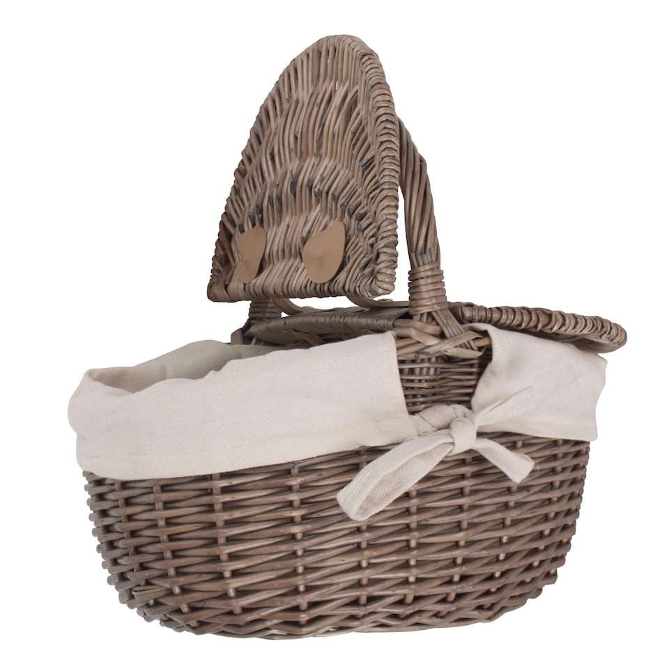 image 1 of Small Antique Wash Double Lidded Oval Picnic Basket with White Lining | White | White