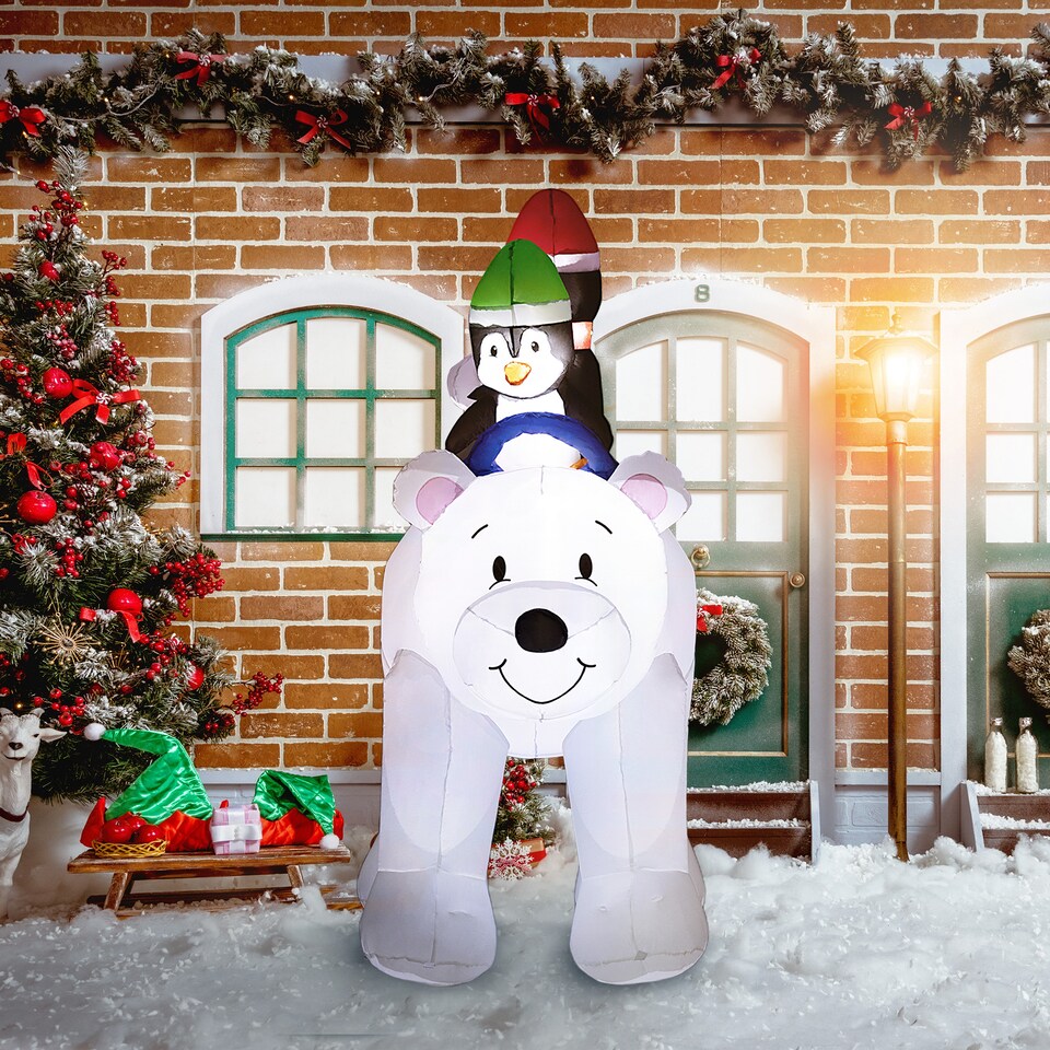 image 1 of Outsunny 6.4FT Christmas Inflatable Two Penguins Riding on Polar Bear, Christmas Blow Up Outdoor LED Display for Garden Party