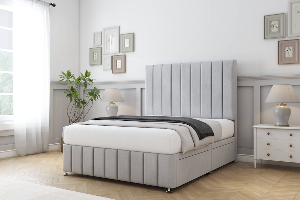 image 1 of Sloomy California Silver Naples Divan Bed With Mattress No Drawers With 26" Strutted Headboard & 12" Matching Footboard 4'6 Double | Silver | Silver | Double | 1