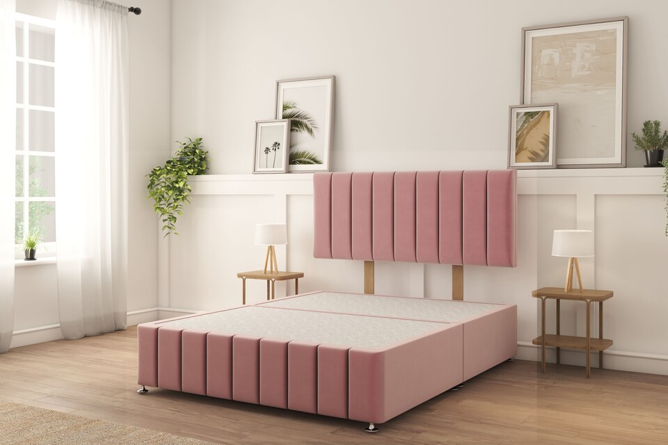 image 1 of Sloomy California Pink Plush Divan Bed With Mattress No Drawers 26" Strutted Headboard & 12" Footboard 4' Small Double