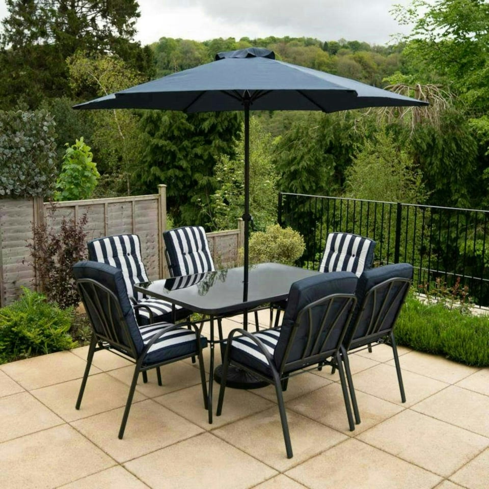 image 1 of Hectare 6 Seater Outdoor Furniture Rectangular Glass Table with Parasol Navy