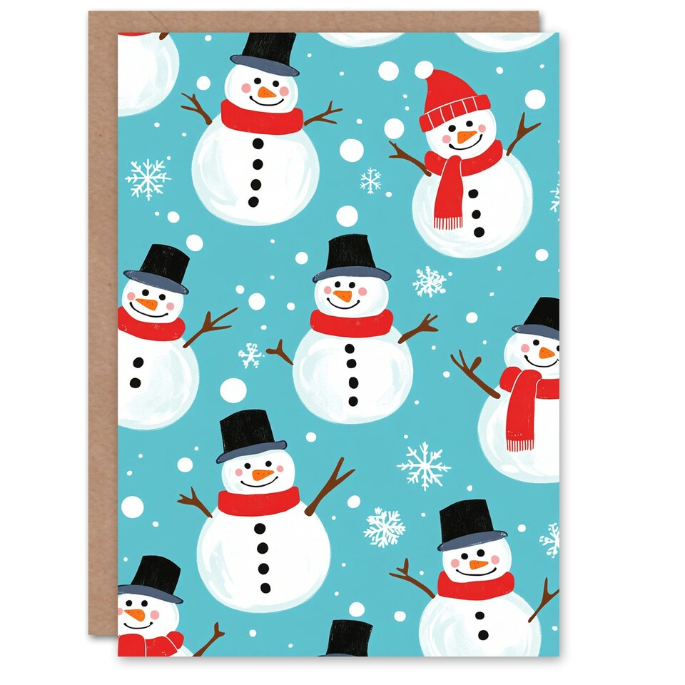 image 1 of Cute Snowman and Snowflake Pattern Blue Blank For Him Or Her Art Xmas Festive Christmas Card