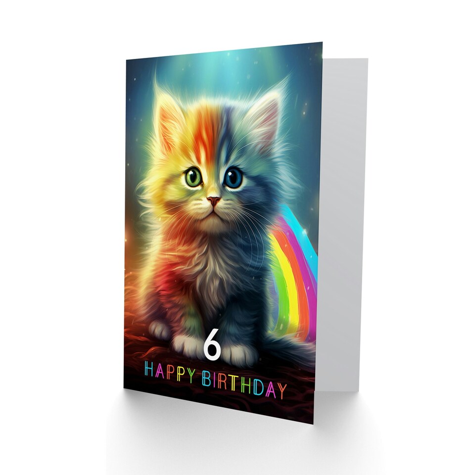 image 1 of Kids Cute Rainbow Kitten Age 6 Year Old Child Kids 6th Birthday Card