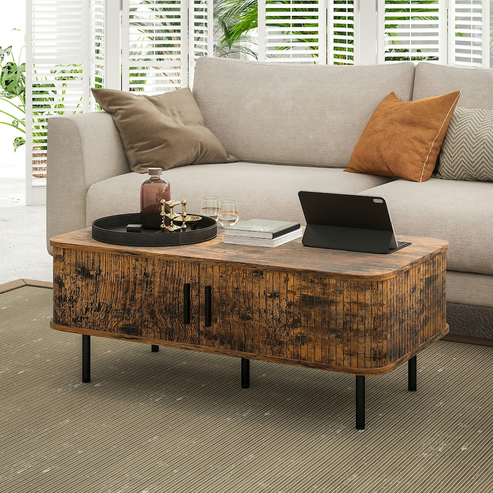 image 1 of HOMCOM Coffee Table with Storage and Sliding Doors for Living Room Brown