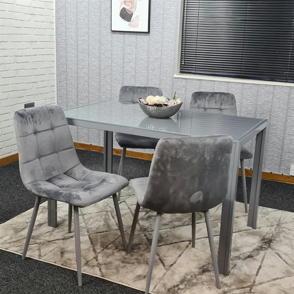 image 1 of Dining Table and 4 Grey Velvet  Chairs Grey  Glass Table 4 Velvet Chairs  Dining Room Furniture | Grey | 5