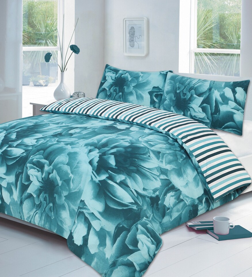 Homes Linen Teal Floral Duvet Cover Set Bed with Pillowcases Quilt Bedding Set Reversible Poly Cotton | Clear | Teal | King