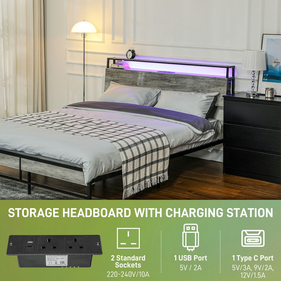 image 1 of HOMCOM LED King Bed Frame with Charging Station, 150 x 200cm, Cement Grey