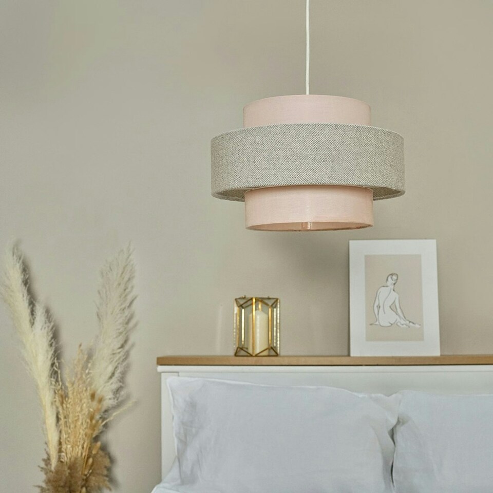 image 1 of ValueLights Cylinder Ceiling Pendant Light Shade In Pink And Grey Herringbone Finish