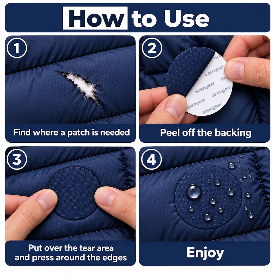 image 1 of aZengear Repair Patches (30+ Colours) for Puffer Jackets, Tents, Upholstery - Stick On, Waterproof, Tear-Cold-Heat-Resistant