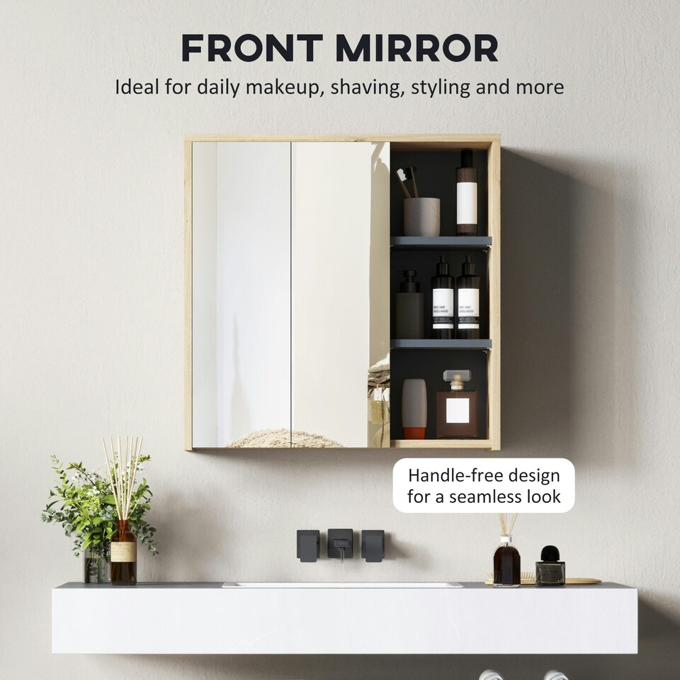 image 1 of HOMCOM Bathroom Cabinet Wall Mounted Mirror Storage with Shelves Natural