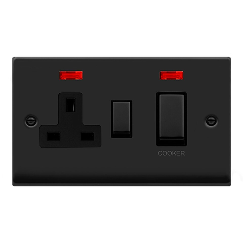 image 1 of SE HOME Matt Black Cooker Control Ingot 45A With 13A Switched Plug Socket & 2 Neons Black | Matt