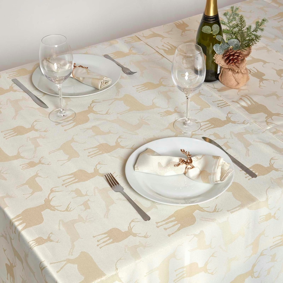 image 1 of Homescapes Gold Stag Christmas Table Cloth - 132 x 274 cm Gold