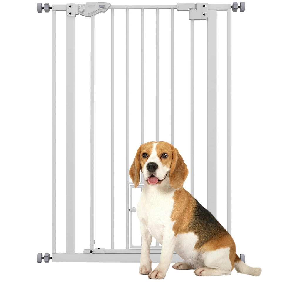 image 1 of PawHut Extra Tall Dog Gate with Cat Door Auto Close for Stairs 74-80 cm Wide