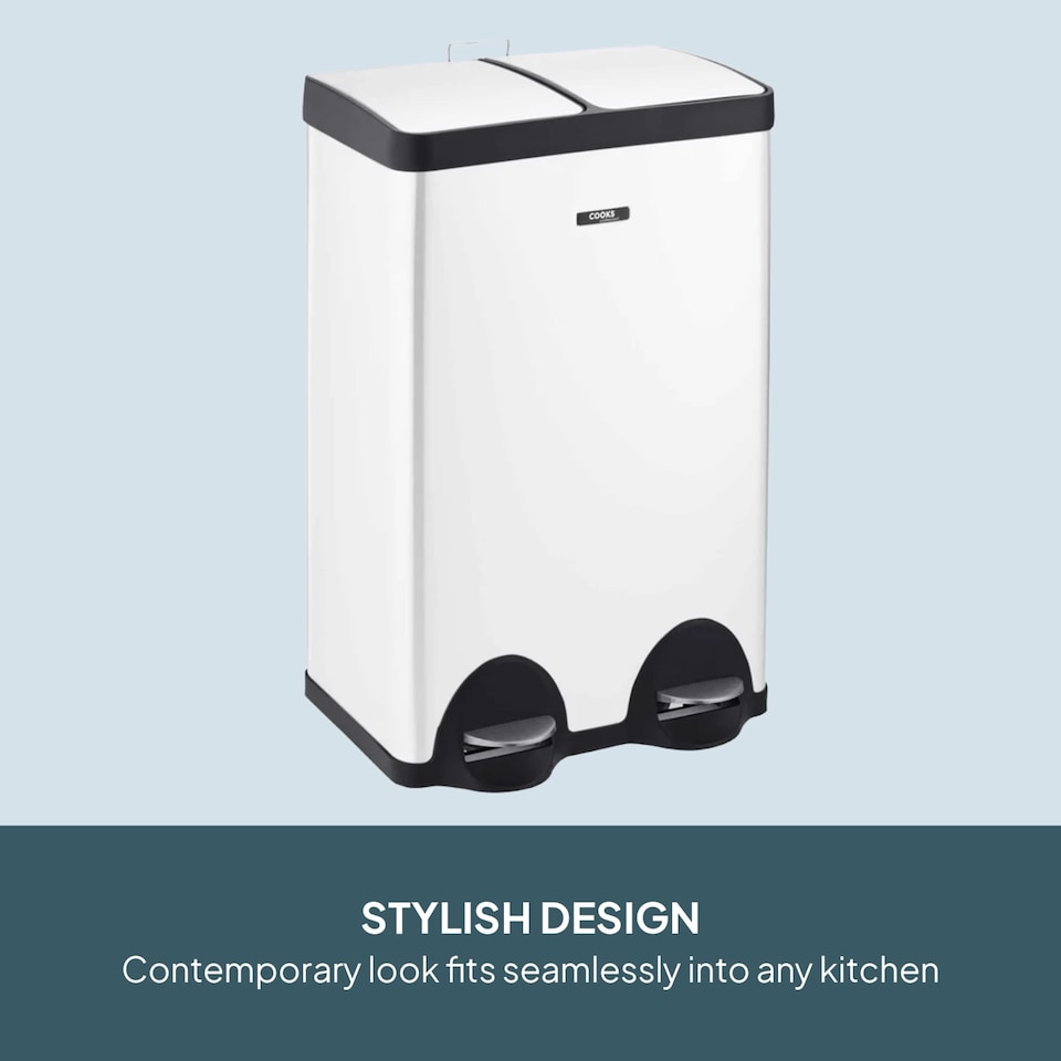 image 1 of Cooks Professional Dual Pedal Recycle Bin 60L with 2 x Compartments & Soft Close Lids | White